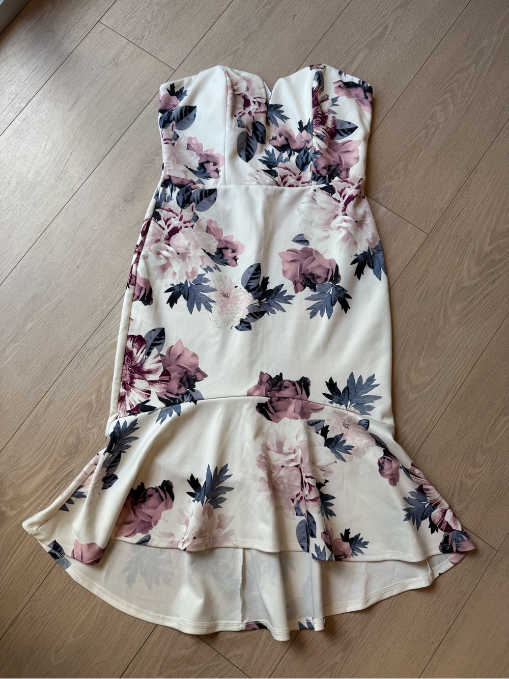 Strapless Floral Midi Dress in Cream and Mauve